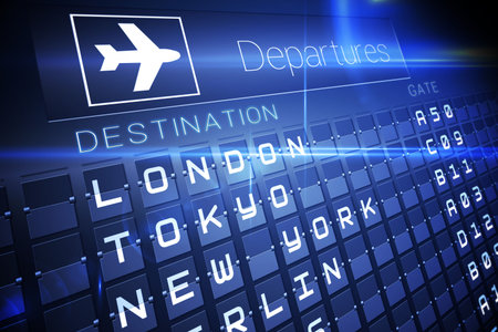 Digitally generated blue departures board for major citiesの写真素材