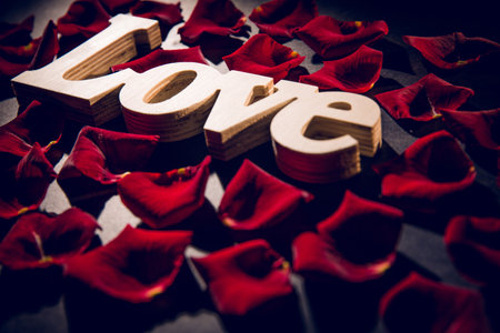 Wooden letters spelling love are resting in 3D render on dark matte surface with red petals. Romantic, sentiment, composition, minimalism, elegance, intimacy, tributeの写真素材