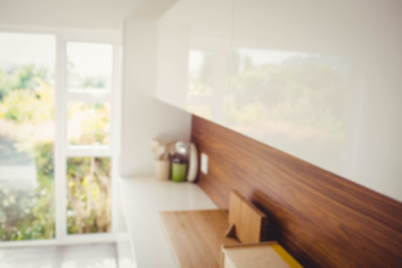 Defocused image of modern kitchen at homeの写真素材