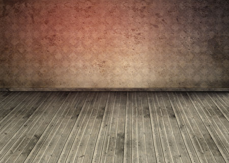 Flat design room illustration is showing worn plank floor with peeling wallpaper in muted tones. Rustic, vintage, distressed, shabby chic, heritage, antique, nostalgicの写真素材