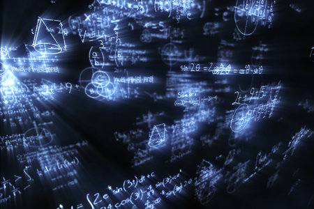 Digitally composite image of trigonometric equations with diagram solved on blackboard