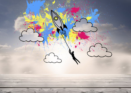 Digitally generated image of person hanging on a rocket and outline of clouds against the skyの写真素材
