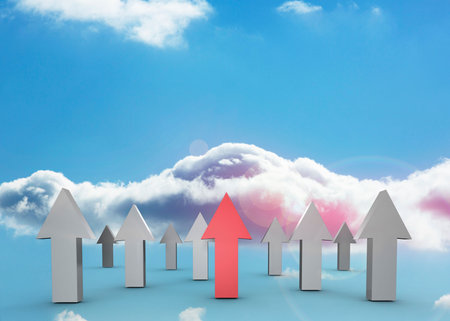 Red and grey arrows pointing up against skyの写真素材