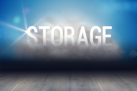 Showing floor to platform under blue gradient with rising mist and lensflare on white STORAGE text. Stage, atmosphere, lighting, minimalism, motion, abstract, illuminationの写真素材