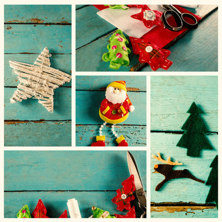 Handmade Christmas crafts are lying in flat lay on turquoise wood, featuring twig star, plush Santa....