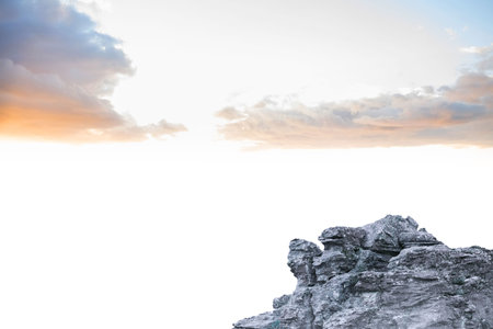 Flat design illustration is showing grey rock formation contrasting against bright cloudy sky....
