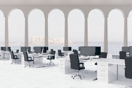 Flat design office is showing white workstations and black chairs under columns opening to sea view. Modern, workspace, architecture, serene, professional, minimalistic, corporateの写真素材
