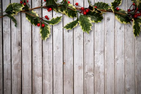 Holly twigs over wooden planks with copy spaceの写真素材