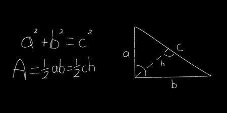 Geometric problem with triangle diagram on blackboardの写真素材