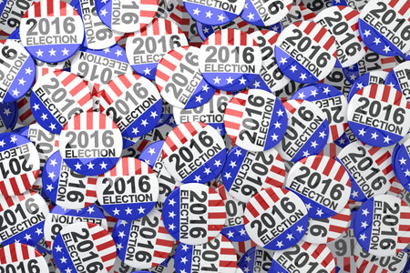 Flat style scattering of 2016 election buttons on flat surface, showing red stripes and blue stars....