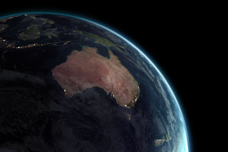 Digitally composite image of Earth against black backgroundの写真素材