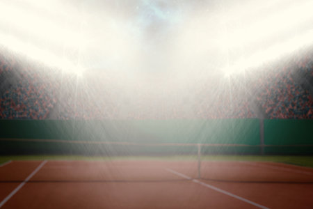 Digitally generated image of luminous tennis courtの写真素材
