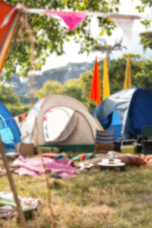Bunting by tents and trees on grassy field