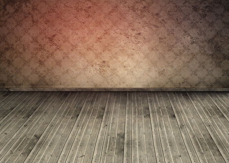 Flat design room interior is featuring distressed wood flooring and vintage wallpaper pattern. Rustic, vintage, nostalgic, textured, weathered, interior, agedの写真素材