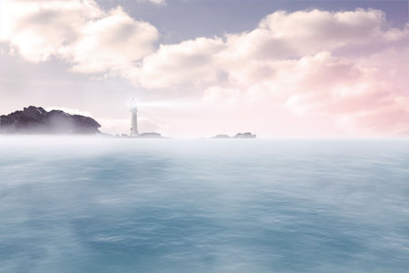 Flat design showing glowing lighthouse standing on rocky islet under pastel clouds over calm ocean....