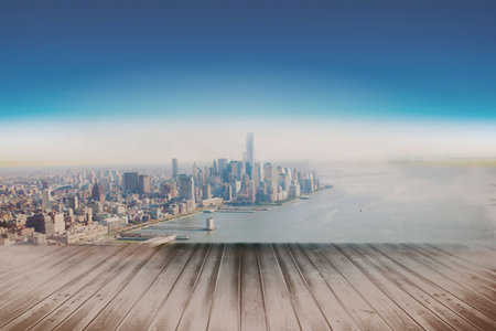 Flat design skyline is rising from wooden deck planks over river with central tower and piers. Urban, architecture, modern, cityscape, horizon, skyline, panoramicの写真素材