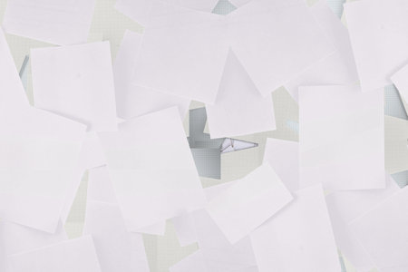 Flat design showing blank sheets scattering across workspace with grid mat, folded triangle....