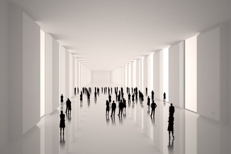 Tiny figures in white hallの写真素材