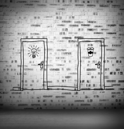 Graphic with doors and light bulb in empty grey roomの写真素材