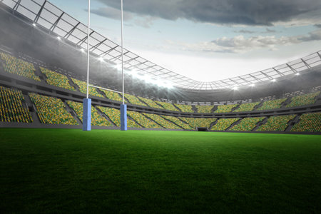 Flat empty rugby stadium is showing grass field, white goalposts with blue padding, floodlights. Sportsvenue, stadiumarchitecture, outdoorarena, athleticfacilities, eventspace, recreationalarea, landscapephotographyの写真素材