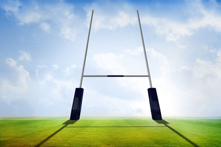 Flat design rugby goal post is standing on pitch with crossbar, black pads under cloudy sky. Sports equipment, athletic, outdoor, competition, athleticism, preparation, recreationの写真素材