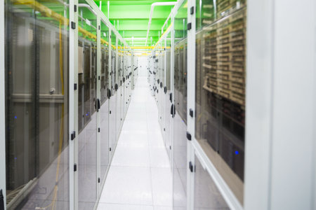 Flat-design corridor featuring white server racks, glass doors, overhead green trays with cables....