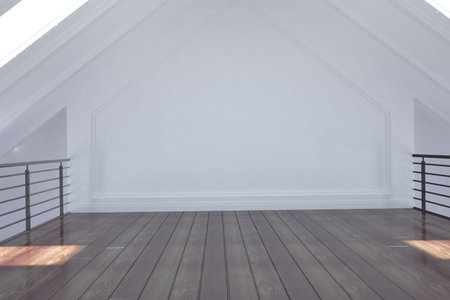 Flat design illustration is showing empty loft featuring floorboards, black railings, white molding. Architectural, minimalist, modern, interior, sleek, sophisticated, spaciousの写真素材