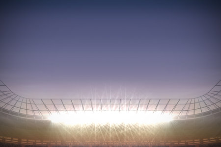 Digitally generated large football stadium with spotlights under dark grey skyの写真素材
