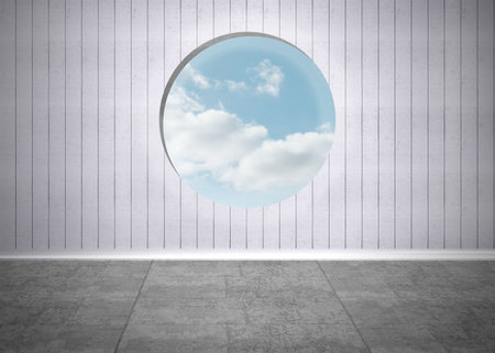 Minimalist flat design is showing interior with paneling and circular opening revealing blue sky....