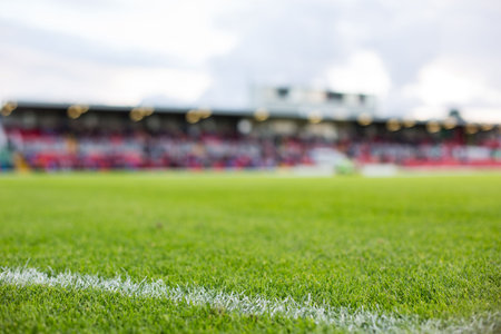 Flat design is showing green grass pitch with white sideline marker, blurred red stands, cloudy sky. Athletic, competition, outdoor, turf, sport, training, leisureの写真素材