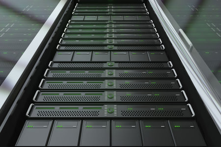 Rack-mounted blade servers are showcasing flat design with glowing green LEDs and metal rails....