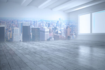 Flat design open-plan living interior is featuring wooden floor, exposed beams, window, skyline. Modern, minimalist, urban, sophisticated, spacious, bright, contemporaryの写真素材