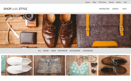 Flat design online shop is featuring men's flat-lay with glasses wallet shoes bag and thumbnail row. Minimalist, stylish, rustic, organized, e-commerce, fashion, accessoriesの写真素材