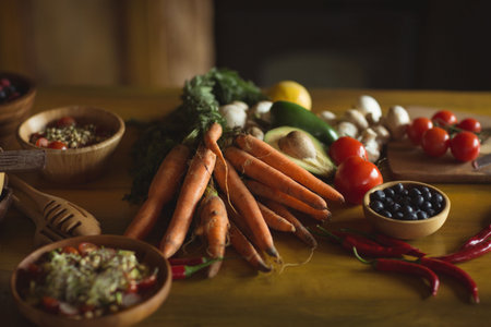 Vegetables on wooden table in domestic kitchen at homeの写真素材