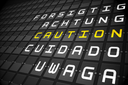 Caution in languages on digitally generated black mechanical boardの写真素材