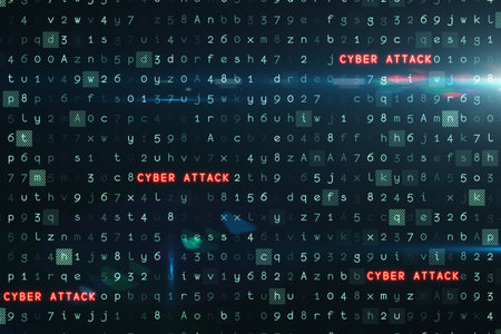 Red glowing 'CYBER ATTACK' text is flashing over flat digital code matrix, with glowing nodes....