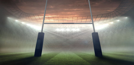 Flat design showing rugby stadium dusk, goal posts, floodlights misting over striped pitch, tiers. Sports, stadium, illumination, mist, terrain, arena, atmosphereの写真素材