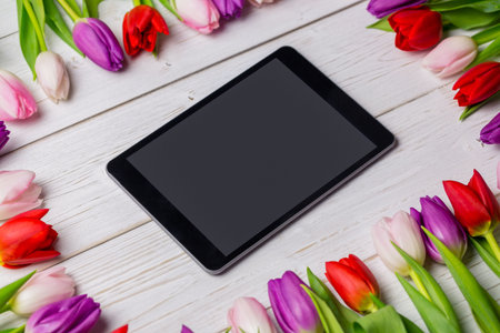 Showing flat lay featuring black tablet diagonally on white wooden tabletop framing tulip blooms....