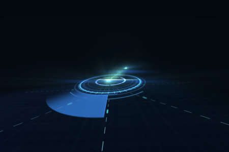 Interface of blue volume knob against black backgroundの写真素材