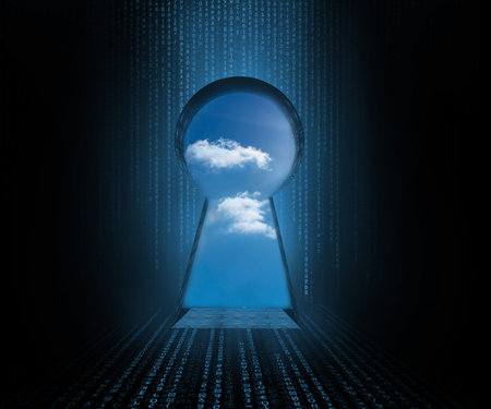 Digitally generated keyhole in dark roomの写真素材