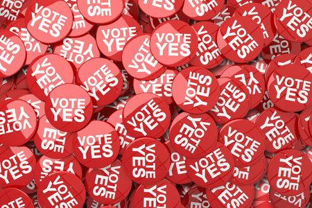 Glossy vector art featuring overlapping red circular badges with white VOTE YES text filling frame. Campaign, activism, advocacy, protest, political, promotion, graphic designの写真素材