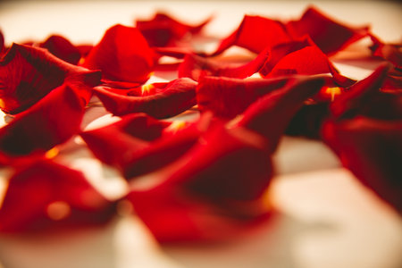 Scattered red rose petals on tableの写真素材