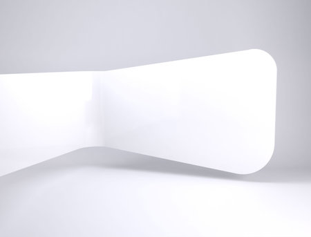 Modern minimalistic interior is featuring curved walls and glowing rectangular recessed light panel. Contemporary, abstract, sleek, futuristic, architecture, interior design, illuminationの写真素材