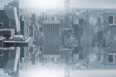 Room with large window looking on cityの写真素材