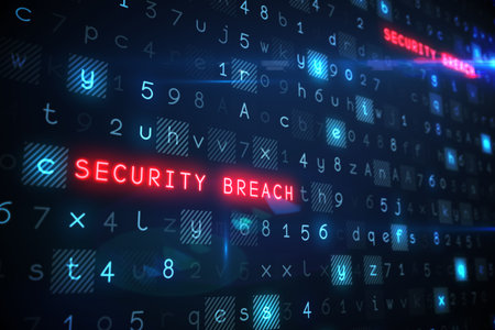 Glowing red SECURITY BREACH alert is floating over flat design code grid with drifting code blocks. Cybersecurity, digital, futuristic, technology, network, warning, dataの写真素材