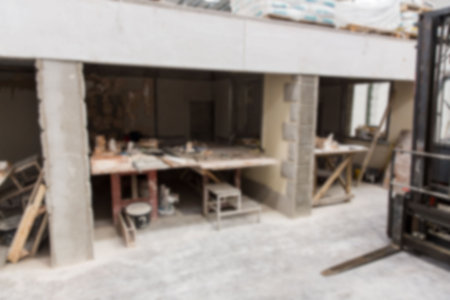 Flat design illustration is showing wooden workbench with tools and paint cans in construction site. Industrial, construction, workshop, building, carpentry, toolkit, renovationの写真素材