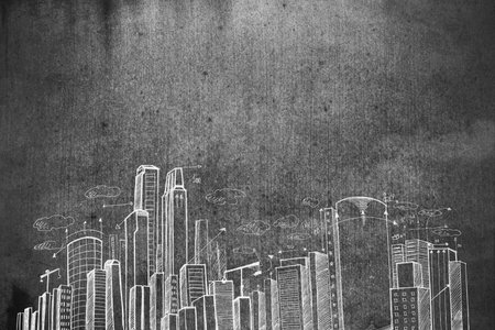 Chalk-style city skyline sketch is appearing on textured wall, with clouds, arrows, dimension lines. Urban, blueprint, monochrome, architecture, design, construction, abstractの写真素材