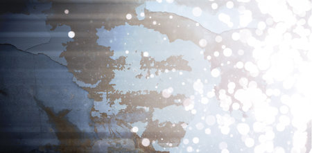 Flat design close-up weathered metal panel is showing peeling blue paint and rust with bokeh lights....