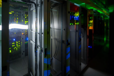 Flat design illustration is showing data center corridor, rack door open, blinking LEDs and cables. Technology, infrastructure, cybersecurity, network, industrial, digital, connectivityの写真素材