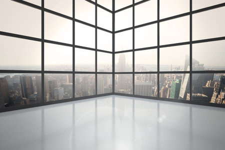 Room with large window showing cityの写真素材